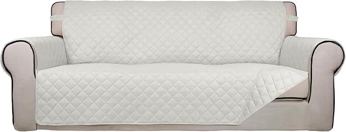 Reversible Quilted Sofa Cover, Water Resistant Slipcover Furniture Protector, Washable Couch Cover with Non Slip (White)
