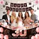 30th Birthday Decorations for Women, 54pcs Happy 30th Birthday Crown and Sash, Black Rose Gold Banner Backdrop Balloons Hanging Swirls Paper Fans, 30 Years Old Birthday Party Supplies Kit