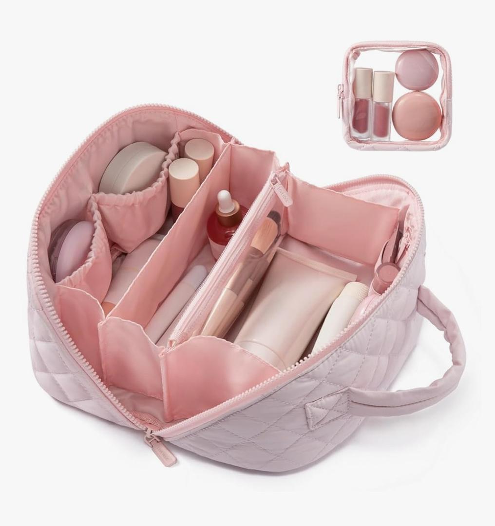 LOVEVOOK Travel Makeup Bag for Women, 2Pcs Set Puffer Waterproof Cosmetic Organizer, Large Capacity Pouch Open Flat Toiletry Bag with Divider & Handle, Portable Gift for Her, Pink