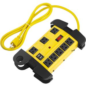 Heavy Duty Power Strip with USB, Workshop 8 Outlet Surge Protector 2700 Joules, Industrial Metal 15Amp Power Strip, 6FT Extension Cord and Wide Spaced, Yellow