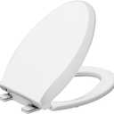 Durable Elongated Toilet Seat with Slow Soft Close - Easy to Install and Clean, Never Loosens - White, Fits Most Elongated Toilets