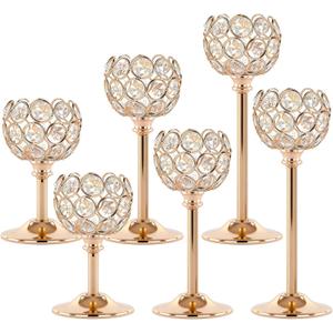 Gold Crystal Tealight Candle Holders Set of 6 (2 Sets) - Tall Bling Bowl Candelabra Centerpieces for Dining Table, Wedding, Party & Fireplace Mantel Decor