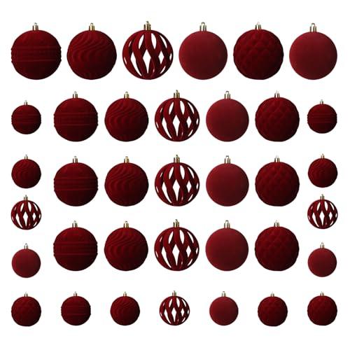 Senjie 36 PCS Velvet Ornaments Balls Sets for Christmas Tree Red Flocked Christmas Balls Assortment for Xmas Tree Holiday Decor