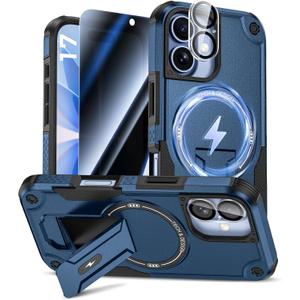 Goton for iPhone 17 Case with Privacy Tempered Glass Screen Protector & Camera Lens Protector, Compatible with MagSafe, Invisible Kickstand, Shockproof Phone Cover, Blue
