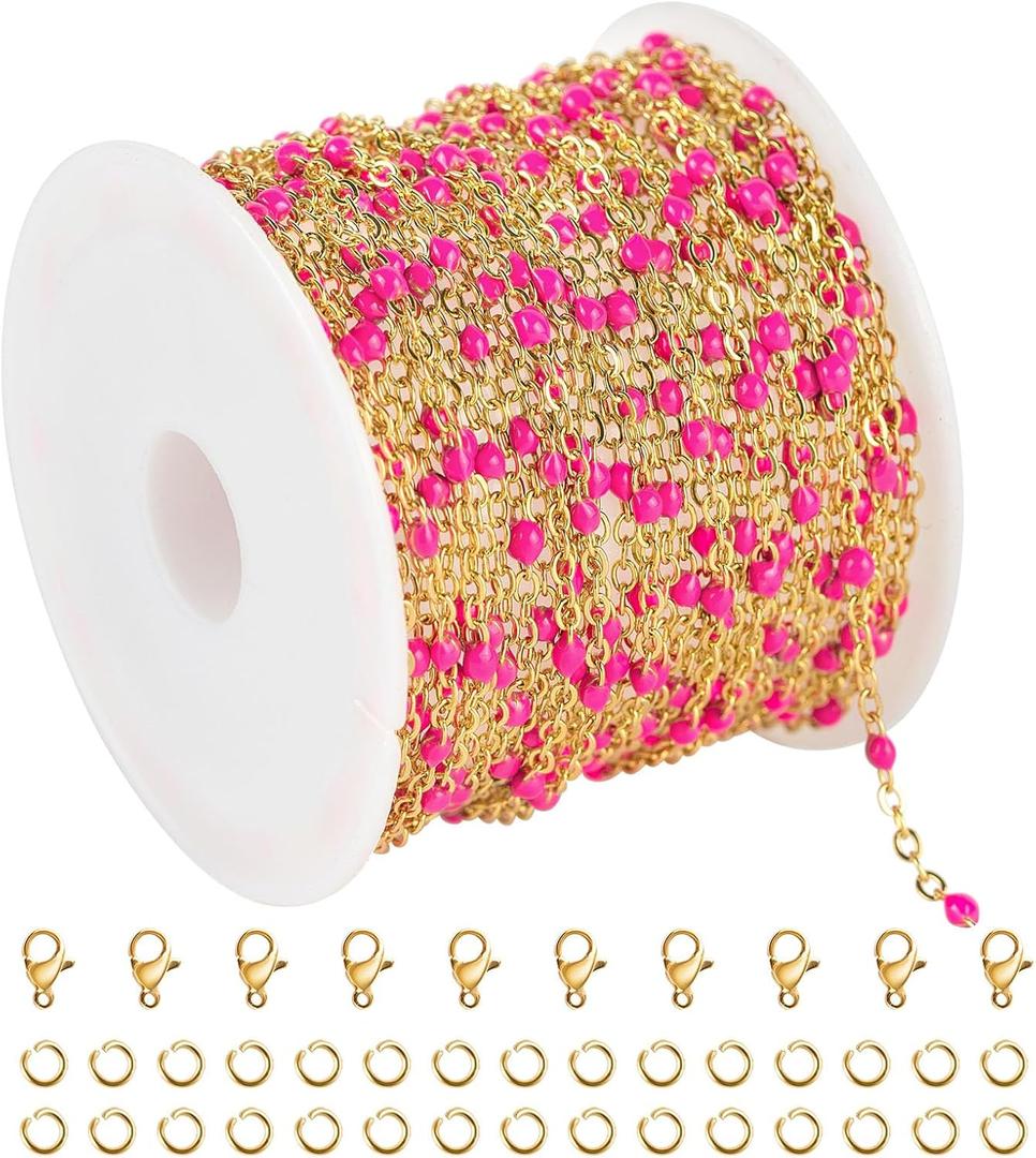 KYUNHOO 16.4 Feet/5M Rose Red Enamel Beaded Chain for Jewelry Making Gold Plated Stainless Steel Chain Spool Cross Cable Link Chains Bulk with Lobster Clasps and Jump Rings