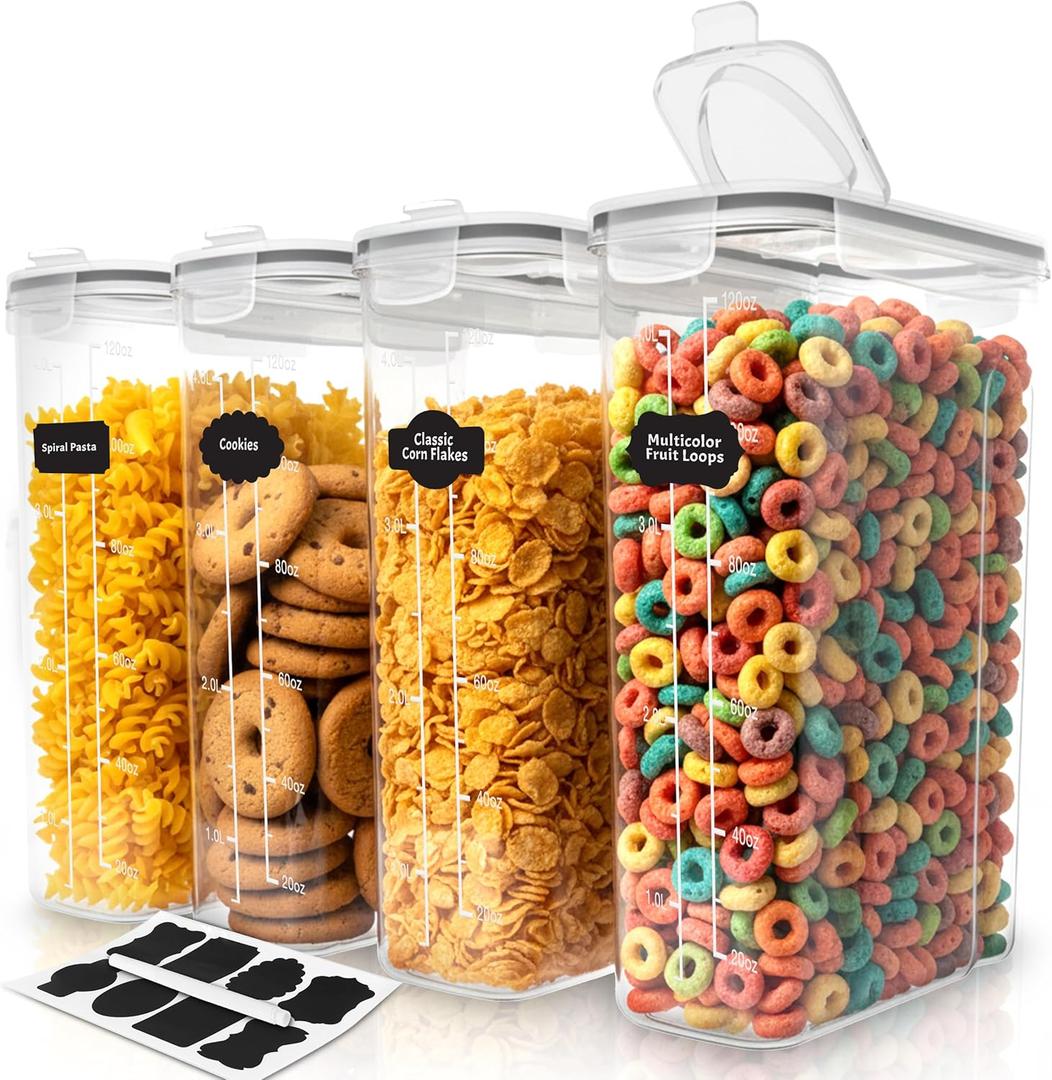 Utopia Kitchen Cereal Containers Storage Set  4 Pack 4L(135.2 oz) Airtight Food Storage Containers with Lids, BPA-Free Cereal Dispensers for Pantry Organization and Storage (Clear)