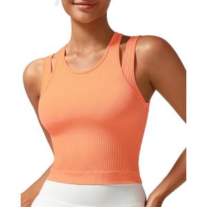 2 x RUNNING GIRL Sports Bras for Women High Impact Seamless Ribbed Longline High Neck Workout Crop Tank Tops Padded (Orange, XL)