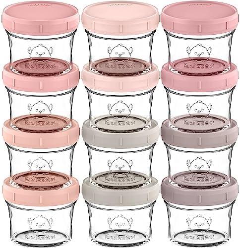 KeaBabies 12pk 4oz Glass Baby Food Containers with Lids - Leak-Proof, Microwavable Small Glass Jars, Baby Purees & Toddler Snack Storage Containers, BPA-Free, Dishwasher & Freezer Safe (Roseate)