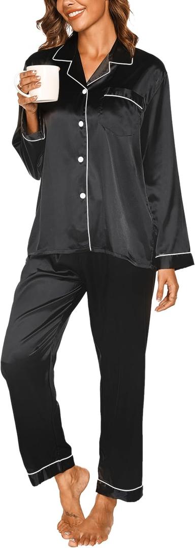 Womens Silk Pajamas Set Button Down Silk Pjs Long Sleeve and Pants Ladies Satin PJ Sets Loungewear Lounge Nightwear (Large, Black)