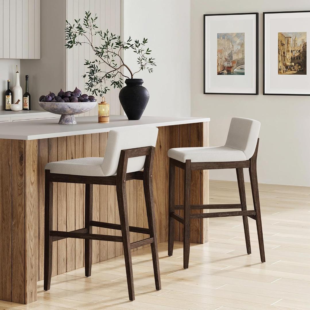 Nathan James Gracie Scandinavian Bar Stool with Back, Wooden Bar Stool for Kitchen Island with Boucle Upholstery, Cream Boucle/Dark Brown, Set of 2, Bar Height - Set of 2