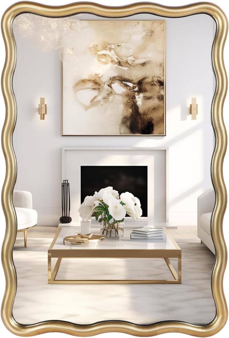 20''x30'' Rectangular Wavy Wall Mirror - Modern Decorative Bathroom Mirror with Scalloped for Modern Farmhouse Vanity, Living Room, Entryway, or Hallway (Gold)