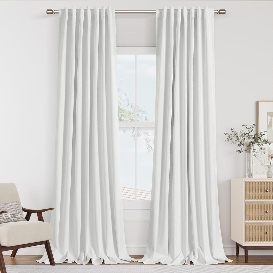 Guken White 100% Blackout Linen Curtains 84 Inch Length 2 Panels Set for Living Room Bedroom Back Tab Thermal Insulated 100% Black Out Drapes Room Darkening Farmhouse Style for Bedroom Curtains 52x84