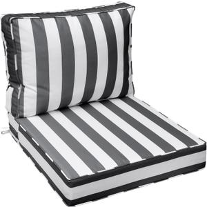 AAAAAcessories Outdoor Deep Seat Cushions with Double Welted Pillow, Waterproof, Fade-Resistant Patio Furniture Replacement Cushions, 24" x 24" x 5" + 24" x 19", Gray Cabana Stripe