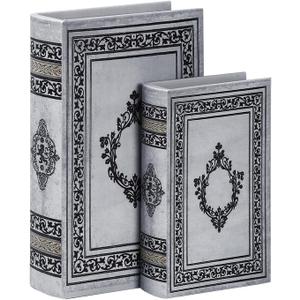 Decorative Wooden Book Box Set of 2 - Vintage Faux Book Boxes for Home Decor, Secret Storage with Magnetic Closure, Antique Style, Grey Leather Cover Design, Perfect for Home Office Bookshelf