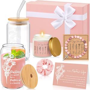 8 Pcs Christmas Pastor's Wife Appreciation Gifts Box with Glass Cup Candle Bracelet Hair Scrunchy Card Christian Religious Inspirational Thank You Gifts for Pastors Bishop Wife Women(Pink)