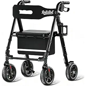 Walkers for Seniors Taller 5.3~7ft, Lightweight Foldable Rollator Walker, Built in Cable, Reinforced Aluminum Frame, 8" Big Rubber Wheels for All Terrain, 350lb Weight Capacity, Black