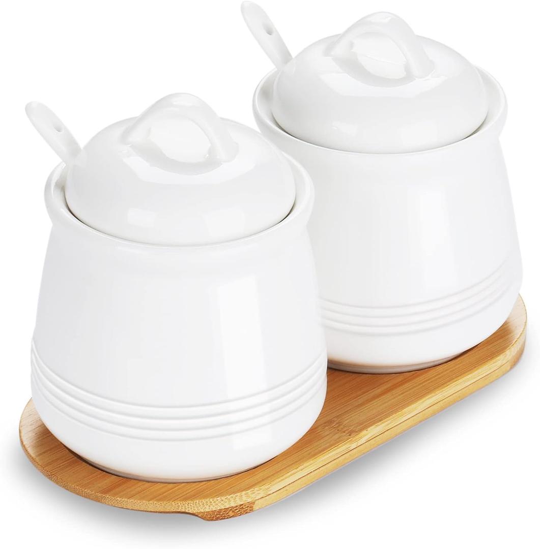 Ceramic Sugar Bowl 2 Pack, PorcelainJar with Tray, Spoon and Lid for Sugar, Pepper, Coffee, Spice, Salt, 12 Ounces (White)