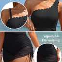Charmo One Shoulder One Piece Swim Dress Ribbed Scalloped Swimsuit Women Mesh Sheer Wraps Slimming Bathing Suit Swimwear (Black, M)