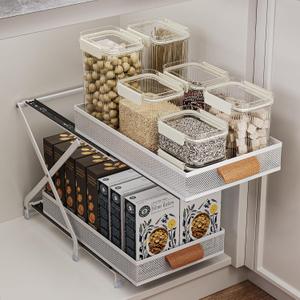 Carbon Steel Pull out Cabinet&Drawer Organizer,Adjusted to 3 different heights(12.4&14.8&16.4),2 Tier Sliding Drawers for Kitchen,Bathroom,Office,Makeup Crafts, Condiment Pull-out basket