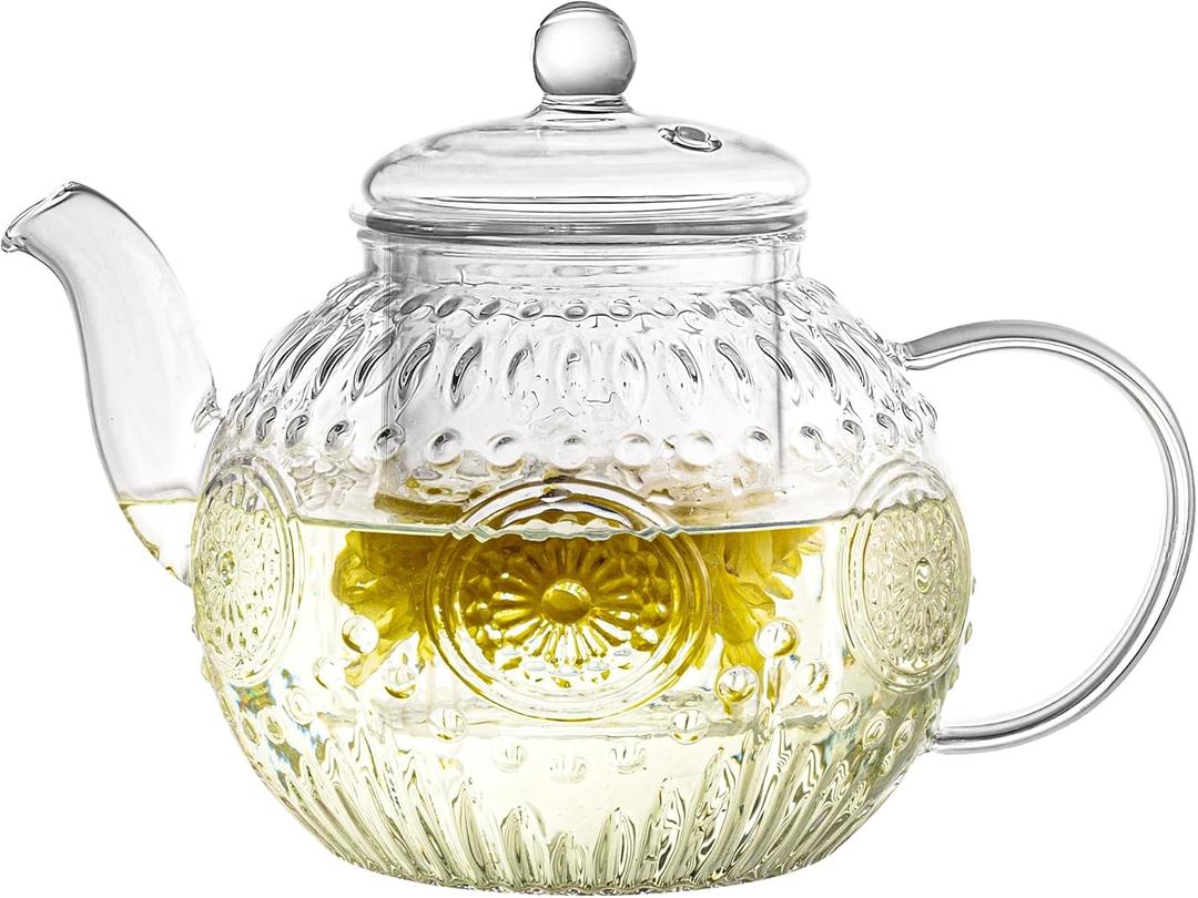 Bandesun Vintage Glass Teapot, Tea Kettle with Removable Infuser 32OZ/1000ml, Borosilicate Glass Pot -Stovetop Safe, Blooming & Loose Leaf Tea Maker Set