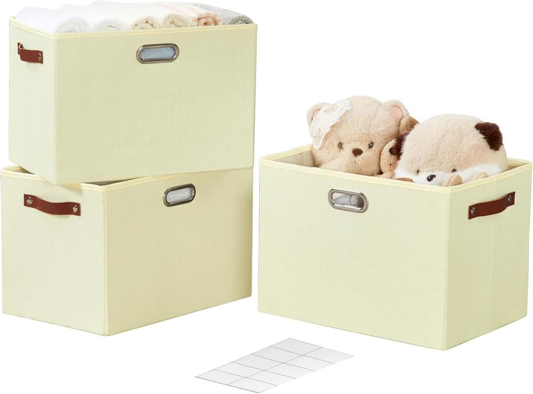 3-Pack Foldable Fabric Storage Bins with Durable PU & Metal Handles , Collapsible Storage Baskets for Shelves, Home Storage, Closet Organizers, Living Room(17"x11.8"x11.8", Beige) (Extra Large)
