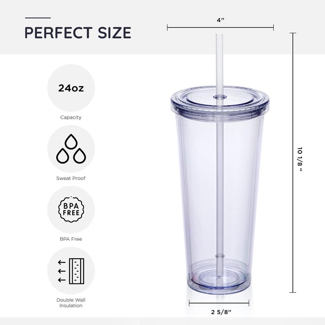 Double Wall Plastic Tumblers with Lids and Straws | Large Classic Travel Tumbler | 2 Pack | Clear Reusable Cups with Straws | BPA Free
