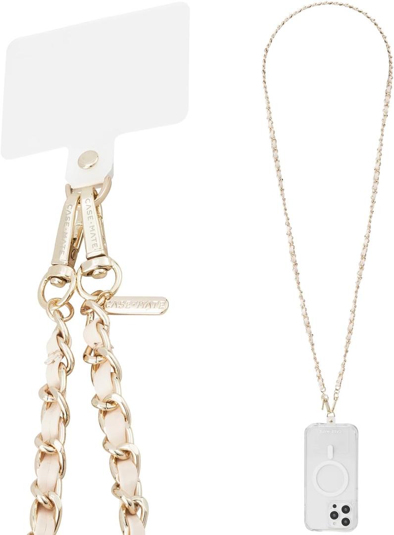 Case-Mate Crossbody Phone Lanyard [Works with All Phones] Hands-Free Strap - Leather Cell Phone Charm - Neck Chain Holder for iPhone 17 Pro Max /16 Pro Max /15/14/13/S25 Ultra - Gold Chain Tan Leather