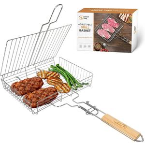 DOUBLE TWO - Stainless Steel Grill Basket, Grilling Baskets for Outdoor Grill, for Meat, Fish, Vegetable, BBQ Accessory, With Height Adjustable Cover & Detachable Handle, Easy to use, 1Pcs