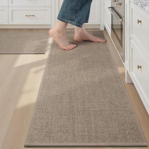 tchdio Kitchen Mats for Floor Set of 2 PCS, Rubber Backed Kitchen Rugs Non Slip Washable, Superior Absorbent Kitchen Mat Easy to Clean, Comfort Kitchen Floor Mat Front of Sink Tan 17"x29"+17"x47"