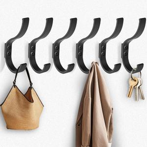 6 Large Towel Hooks for Heavy Duty Hanging. Black Coat Hooks for Kitchen and Bathroom Walls. Stylish Bag Hooks for Coats, Backpacks, Purses, and Robes. Screw in Metal Wall Hooks