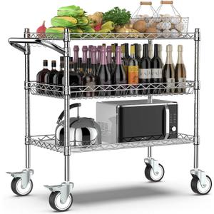 Leteuke 3 Tier Rolling Carts with Wheels, Heavy Duty Rolling Utility Cart,NSF Commercial Grade Metal Cart with Handle&Shelf Liner,Trolley Serving Cart for Kitchen,Restaurant,Plant Display,Chrome