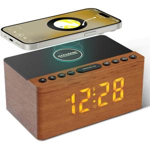 ANJANK Wooden Bluetooth Speaker, Alarm Clock with FM Radio, Qi Certified Fast Wireless Charging Station for iPhone/Samsung, USB Charger Port, Dimmable Display, Digital Wood Clock for Bedroom, Bedside
