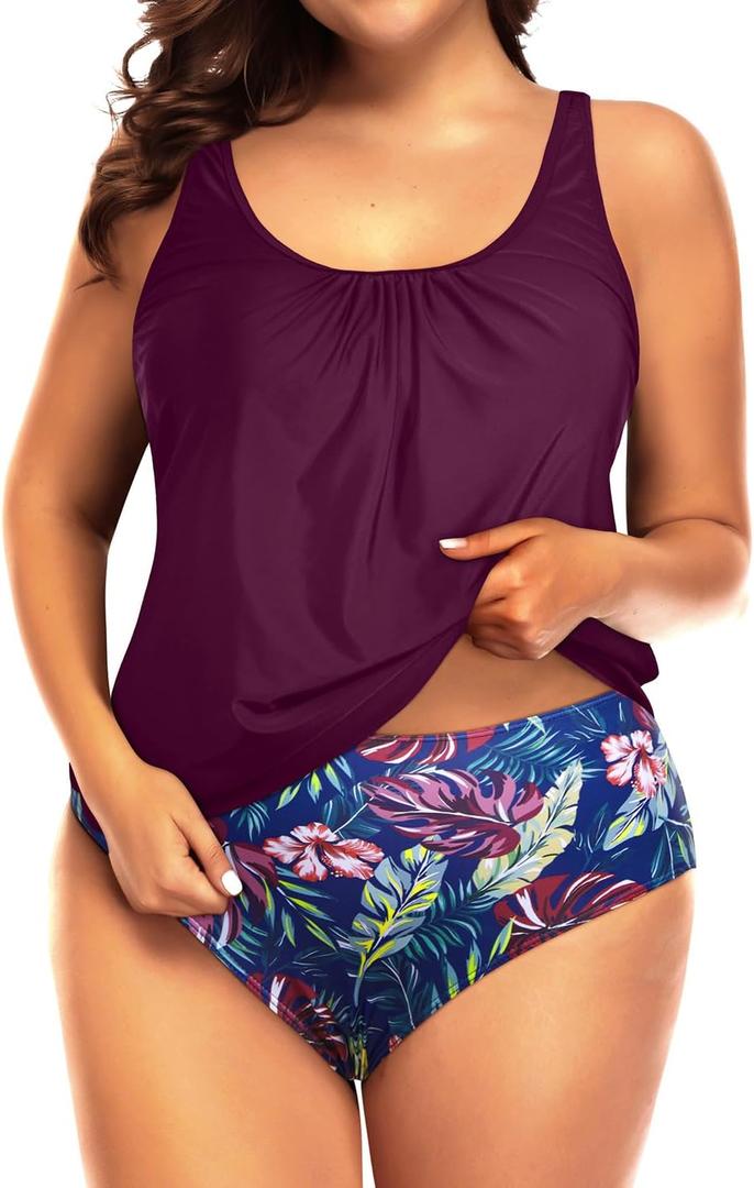 Yonique Plus Size Two Piece Swimsuit for Women Blouson Tankini Tummy Control Bathing Suit Purple Leaf, 16W
