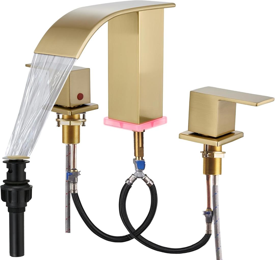 Bathroom faucets 3 Hole Widespread Modern Gold Faucet Sink Faucet 8 inch 3 Hole Vanity Bathroom with Pop Up Drain (Brushed Gold)