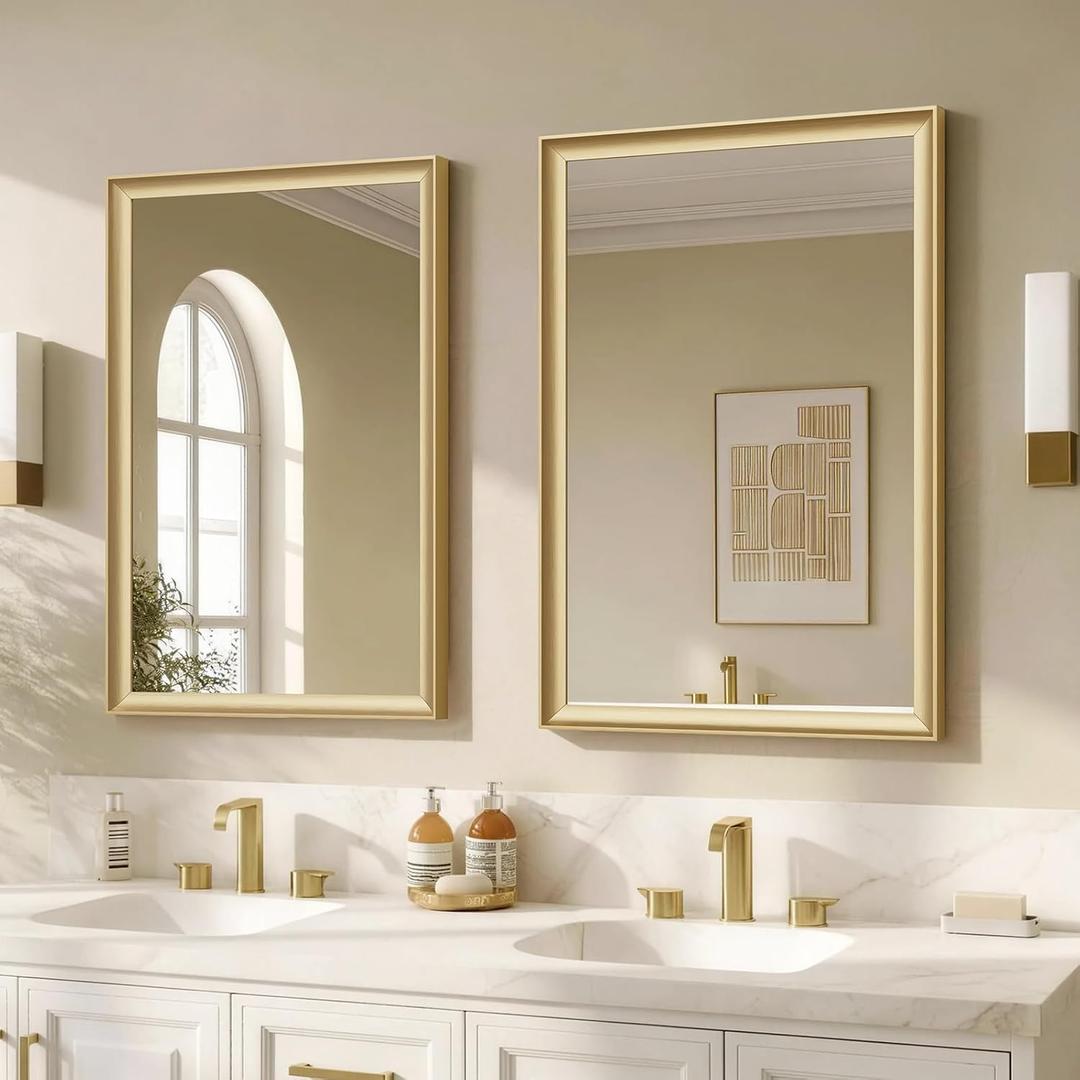 2 Pack 24x36 Inch Brushed Gold Bathroom Mirrors for Over Sink | Aluminum Framed Rectangle Bathroom Vanity Mirror for Wall, Anti-Rust, HD Tempered Glass, Modern, Horizontal/Vertical