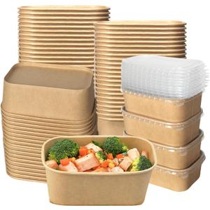 50 Pack Kraft Paper Food Container, 25 OZ Disposable Salad Bowls with Lids, Oil-Proof Rectangular Soup Bowls for Meal Prep Snack Takeout, Microwave Freezer Safe