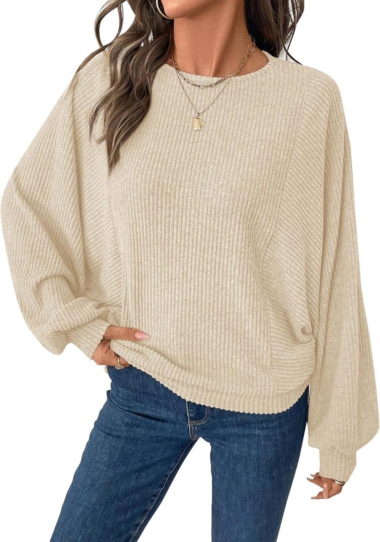 BTFBM Casual Fall Tops for Women 2025 Long Sleeves Solid Shirts Crew Neck Loose Fit Work T Shirt (Large, Beige)