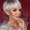 MIMAN Short Platinum Blonde Pixie Cut Wig Fluffy Short Hair Wigs with Bangs Dark Brown Roots Layered Hair Replacement Natural Looking Synthetic Wig Halloween Costumes Wigs for Women
