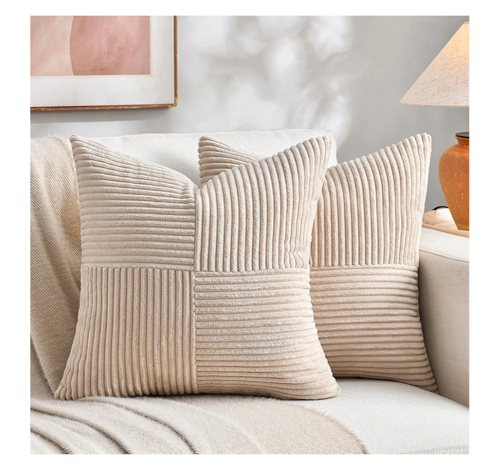 Fancy Homi 2 Packs Tan Decorative Throw Pillow Covers 18x18 Inch for Living Room Couch Bed, Rustic Farmhouse Boho Home Decor, Soft Corss Corduroy Patchwork Textured Square Beige Cushion Case 45x45 cm