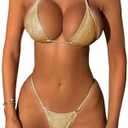 SOLY HUX Women's Metallic Bathing Suit Halter Micro Triangle Top Swimsuit String Thong Two Piece Bikini Sets, Size M