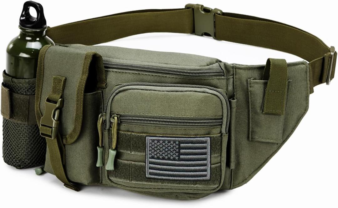 Tactical Fanny Pack For Men, Military Waist Bag Adjustable Hip Belt BumBag EDC Bags for Outdoor Fishing Hiking Hunting with Bottle Holder Pouch and US Flag Patch (Green)