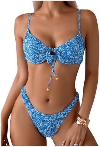 SOLY HUX Women's 2 Piece Bikini Sets Boho Floral Print Underwire Swimsuit Tie Front Cut Out Bathing Suit (Blue Floral, Small)