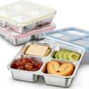 3 Pack Stainless Steel 4 Compartment Snack Containers with Lids, Reusable Divided Lunch & Food Storage Containers for Work, Travel (Pink, Yellow, Blue)