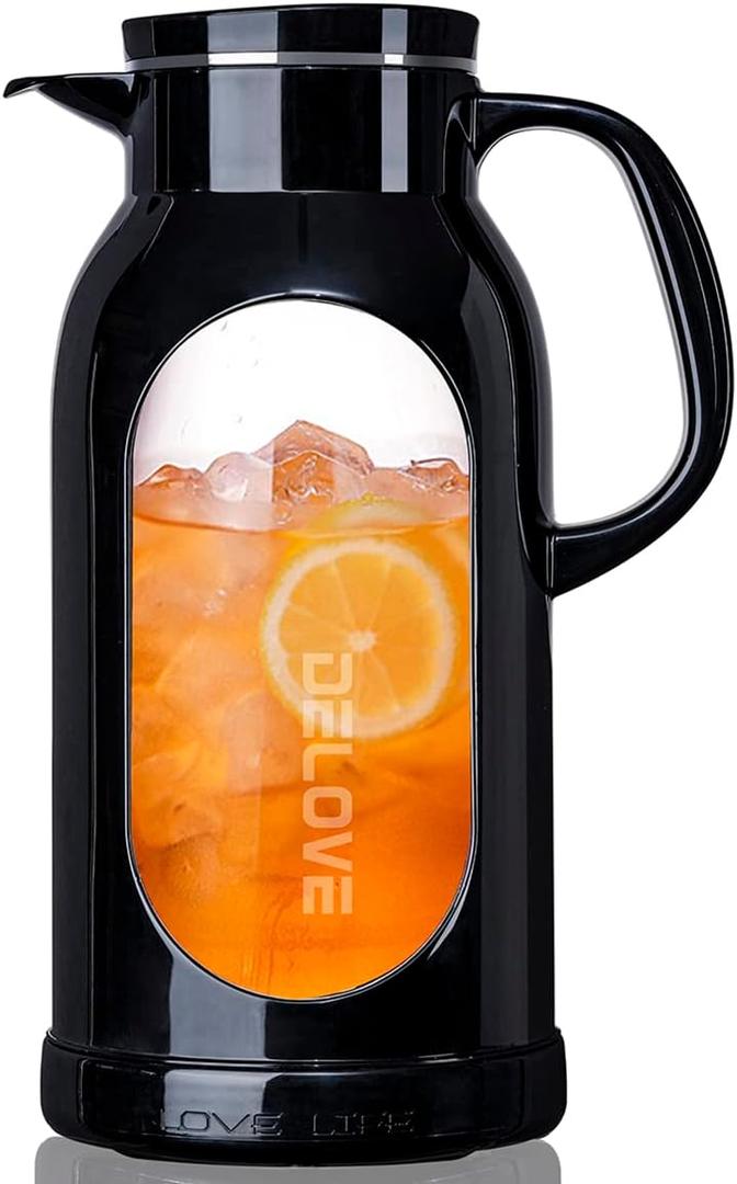 Delove 68 oz/2 Liter Glass Pitcher with Shatterproof Shell  Heat Resistant Glass Liner  Stainless Steel Lid  Carafe & Jug for Iced Tea,Hot/Cold Water,Homemade Juice Beverages (Black)