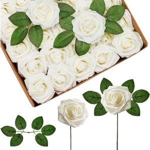 InnoGear Artificial Flowers, 50 Pcs Ivory White Foam Fake Roses Bulk with Stems for Mother's Gift Decoration DIY Wedding Bouquets Centerpieces Bridal Shower Party Christmas Tree