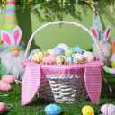 Hushee Easter Willow Gift Basket 11"7" Easter Wicker Bunny Baskets with Folding Handle Plaid Liners for Kids Toys Eggs Hunt Wood Bunny Bucket Decorations(Pink and White Plaid)