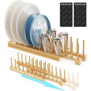 Bamboo Dish Rack - Expandable Plate Rack & Dish Drying Rack for Kitchen Cabinet Storage, Adjustable Multi-Functional Design Organizer for Plates, Cups, Pots, Cutting Boards (Natural Bamboo) 2 PACK, Large