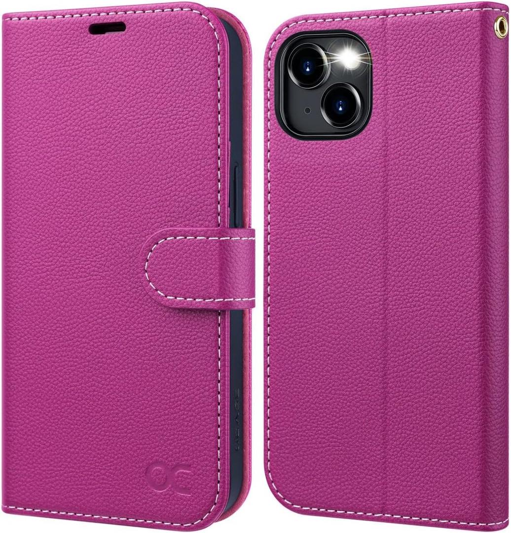 OCASE Compatible with iPhone 15 Wallet Case, PU Leather Flip Folio Case with Card Holders RFID Blocking Kickstand [Shockproof TPU Inner Shell] Phone Cover 6.1 Inch 2023, Litchi Rose