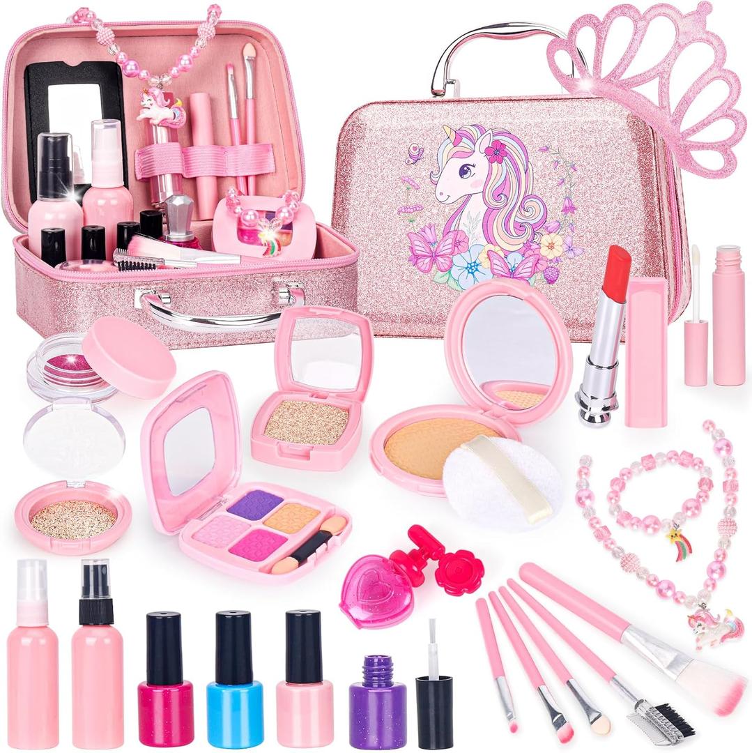 Pretend Makeup for Toddlers, Kids Pretend Makeup Kit for Girls Fake Makeup Toys with Cosmetic Bag, Play Makeup for Little Girls Age 3 4 5 6 7 Christmas Birthday Gifts Toys (Fake Makeup)