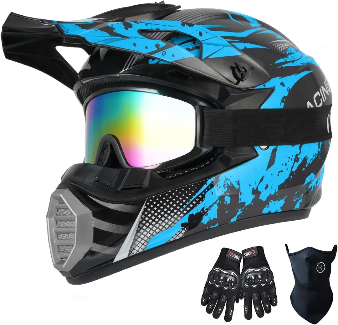 Youth Kids Motocross Helmet, Adult ATV Dirt Bike Helmet, OffRoad BMX 4Wheeler Full Face Motorcycle Helmet W/Goggles Gloves & Mask, DOT Approved, Red Camo, L